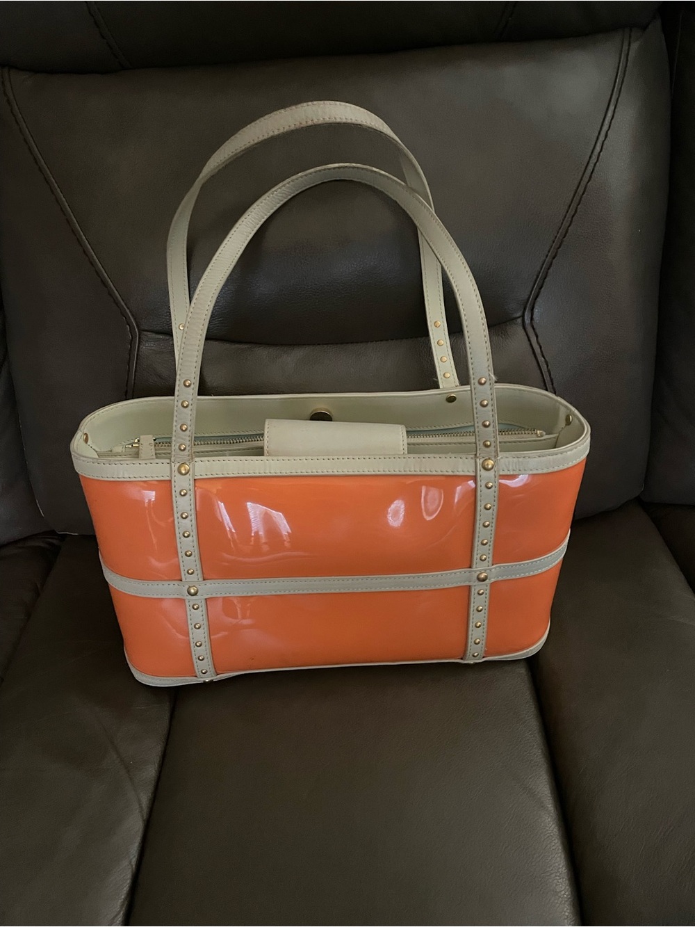 Maxx New York Orange and Cream Patent Tote